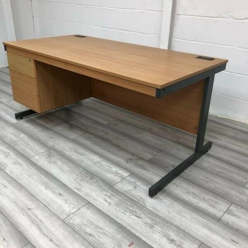 Rectangular Office Desk + Built-in Pedestal, Oak Finish, W1600mm